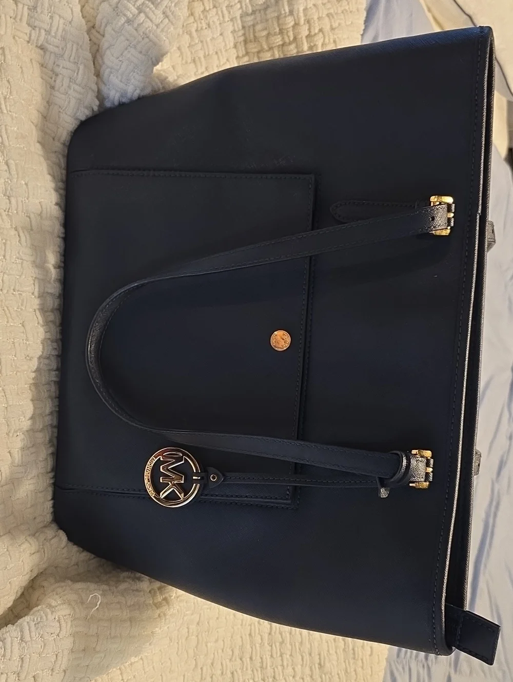 Michael Kors Navy Leather Tote with Gold Hardware